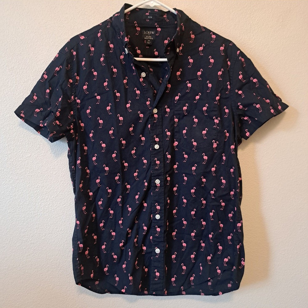 J.Crew Slim Flex Washed Shirt Mens Medium Navy Pink Flamingo Short Sleeve Cotton